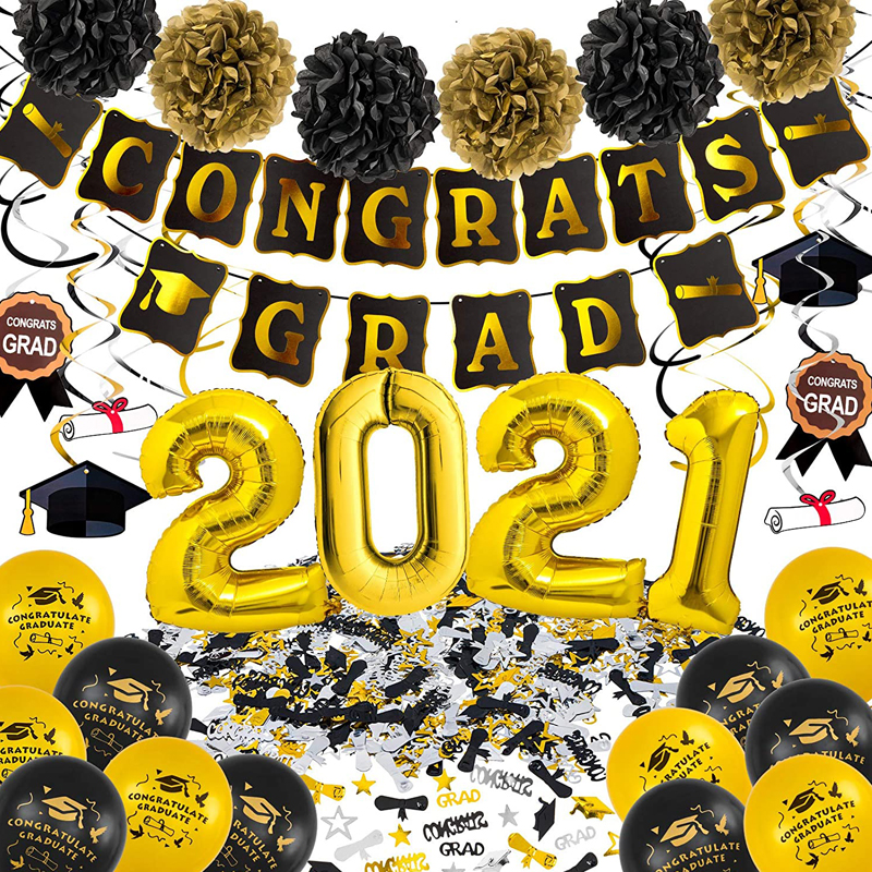 Graduation Decoration Set Foil Balloon Latex Balloon Congrats Grad Banner Black Gold Silver Hanging Swirls