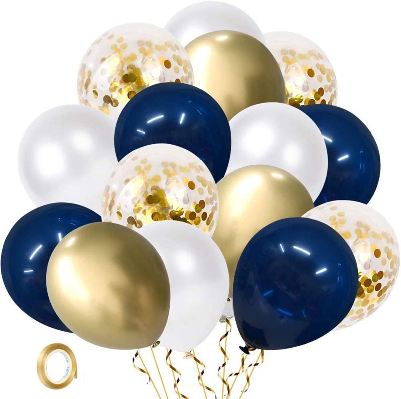 Pearl White and Gold Metallic Chrome Party Latex Balloon Navy Blue and Gold Confetti Balloons