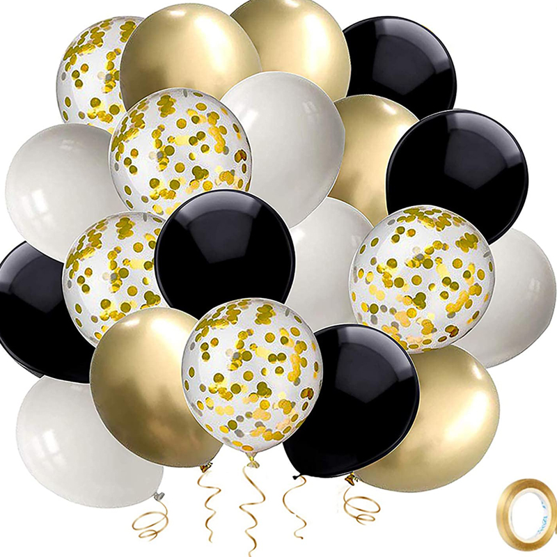 Black and Gold Confetti Balloons 50 Pack 12inch White Latex Party Balloon Set with Gold Ribbon