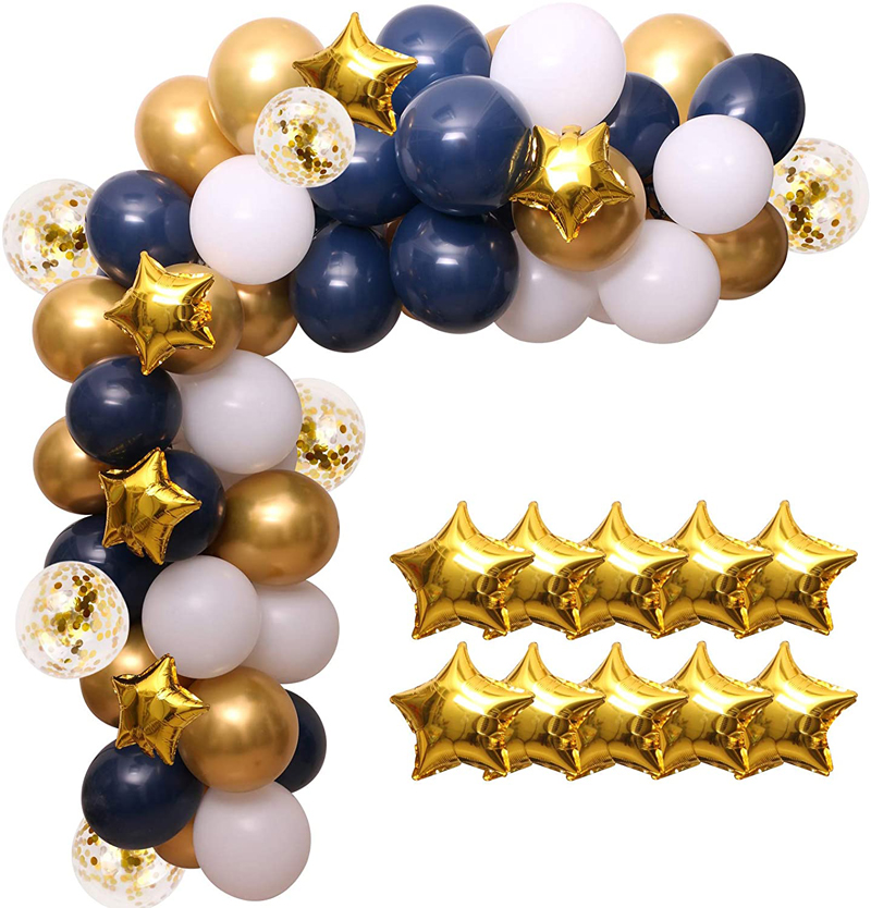 Navy Blue White Balloons Garland Kit WIth Gold Balloons and Star Foil Balloons for Birthday Party Decorations