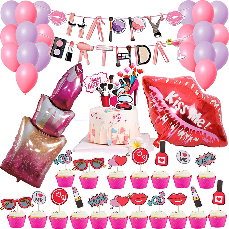 Happy Birthday Spa Make Up Girls Party Decorations Set with Banner and Inflatable Lipstick