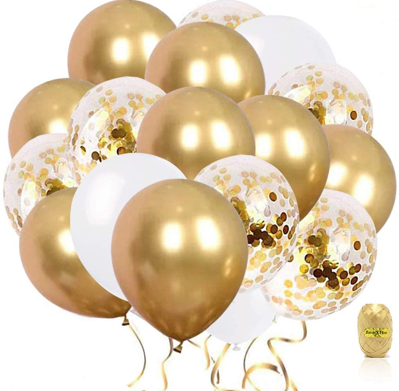 Metallic Gold 12 Inch Latex White and Gold Confetti Balloons for Parties