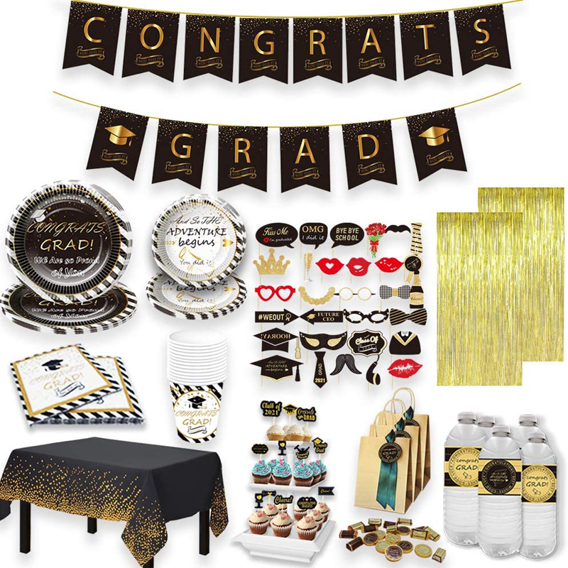 Graduation Party Supplies Pack Including Photo Booth Props Cupcake Toppers Foil Curtains