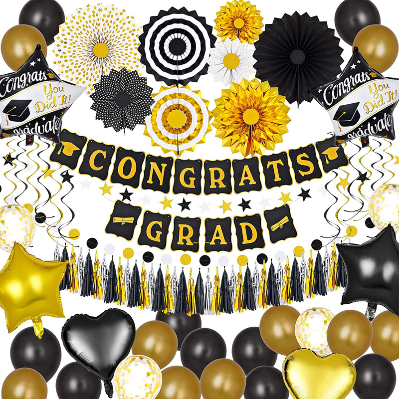 Graduation Decorations Party Supplies Kit Congrats Grad Banner Black and Gold Grad Party Decor