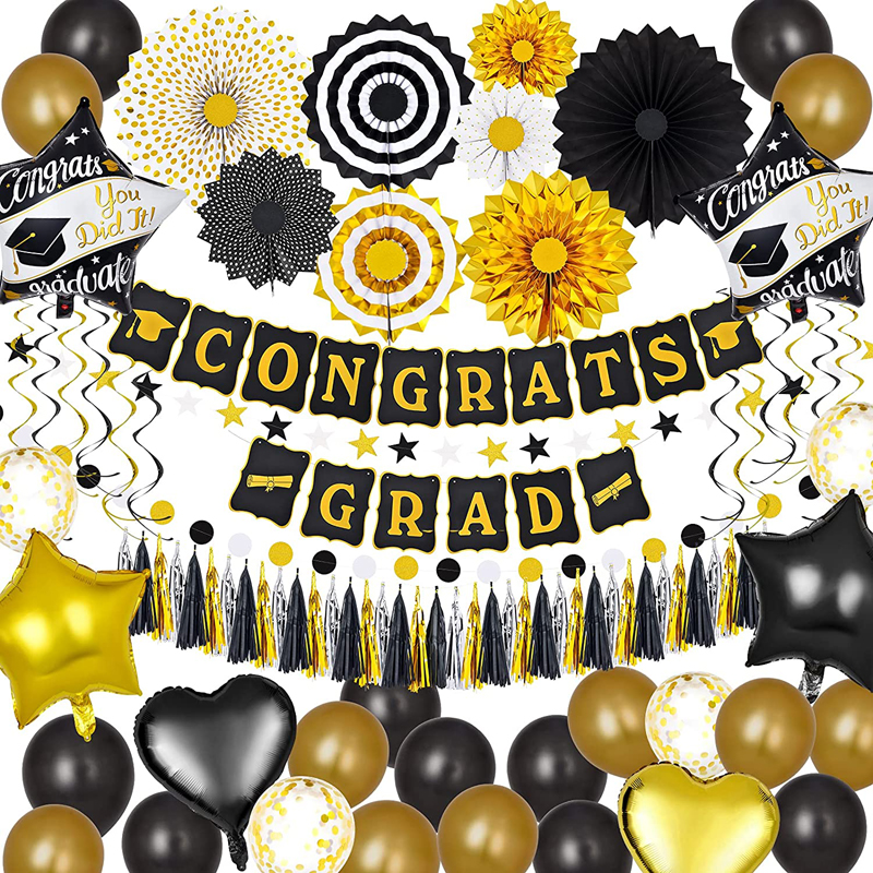 Graduation Decorations Party Supplies Kit Congrats Grad Banner Black and Gold Grad Party Decor Graduation Party Supplies, Graduation Decorations wholesale