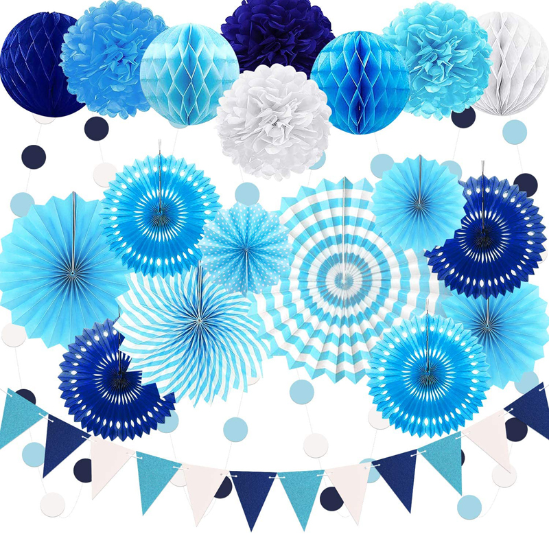 Ventiladores de papel para decoración de fiestas, color azul marino, ventiladores de papel colgantes para duchas de bebés para niños