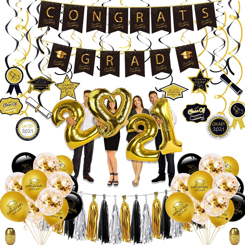 Graduation Party Decorations Supplies Pack  Swirls Foil Balloons  Tassels Congrats Grad Banner