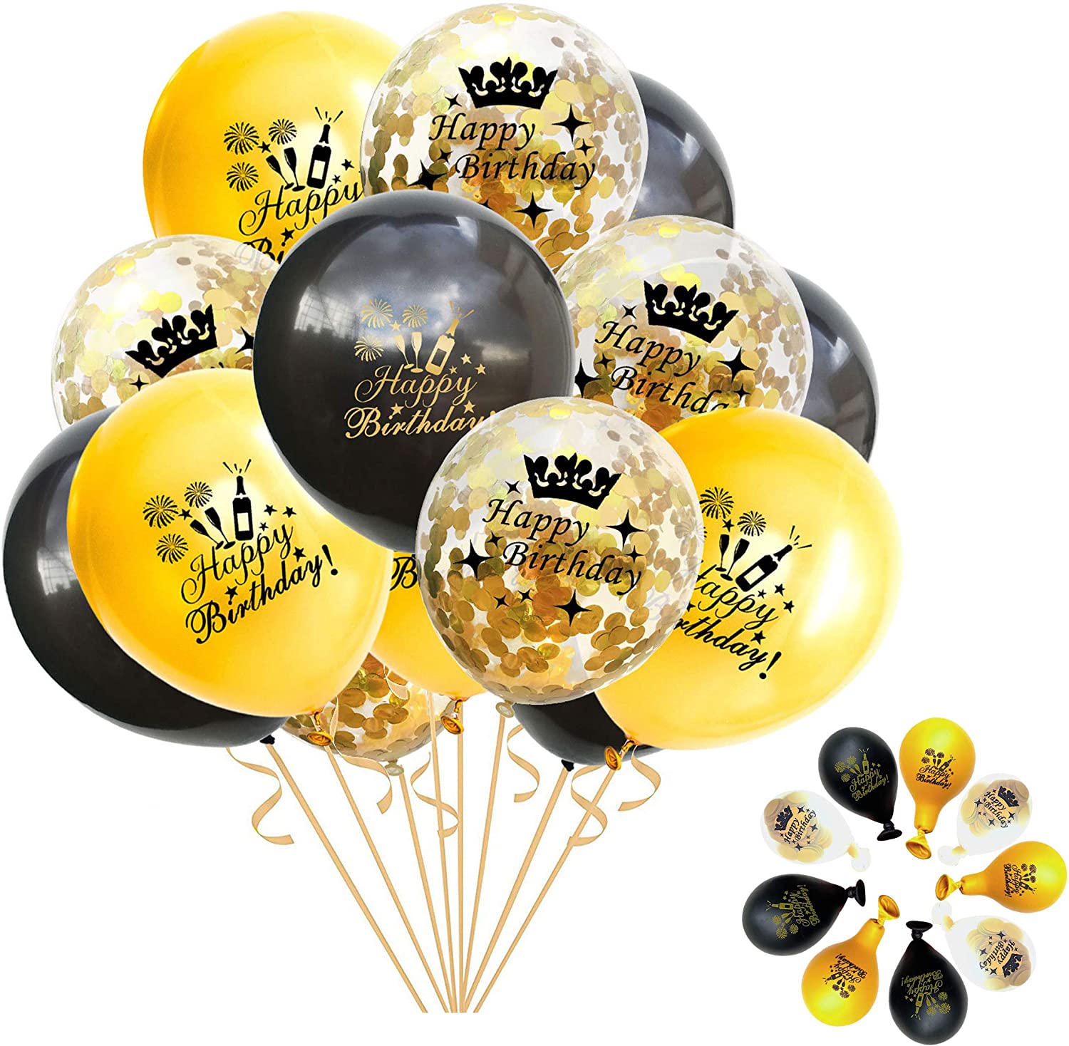 Happy Birthday Balloons Gold and Black Party Decorations 15 Pack 12 inch Latex and Confetti Balloon