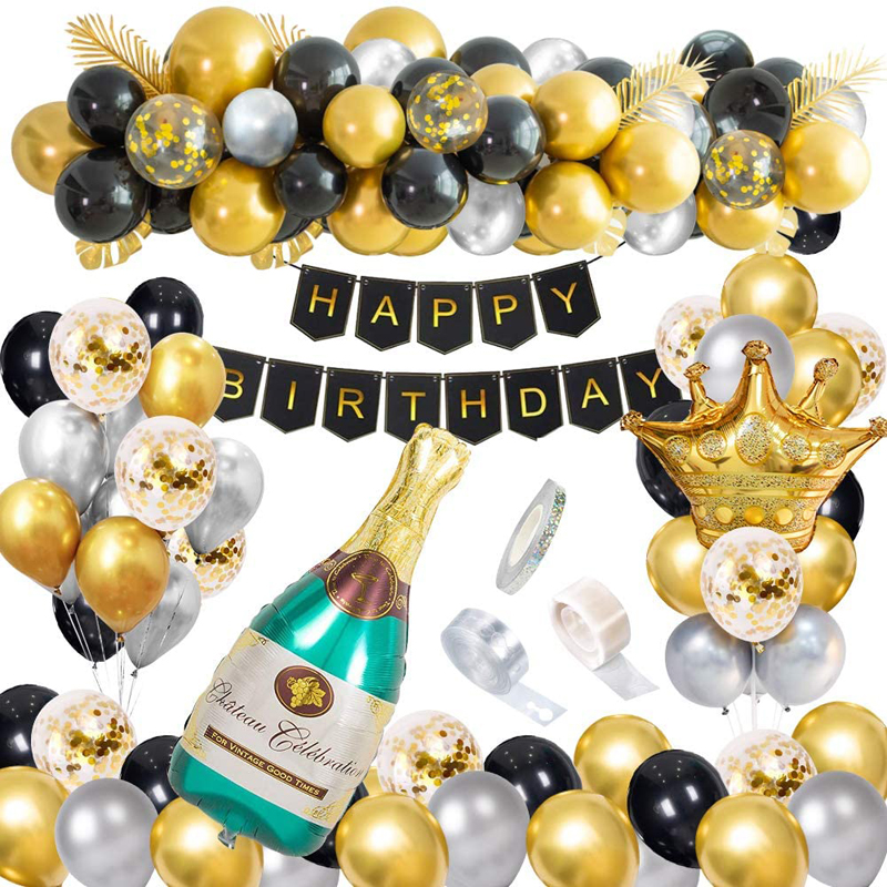 Happy Birthday Party Confetti Latex Balloons Black and Gold Party Decorations