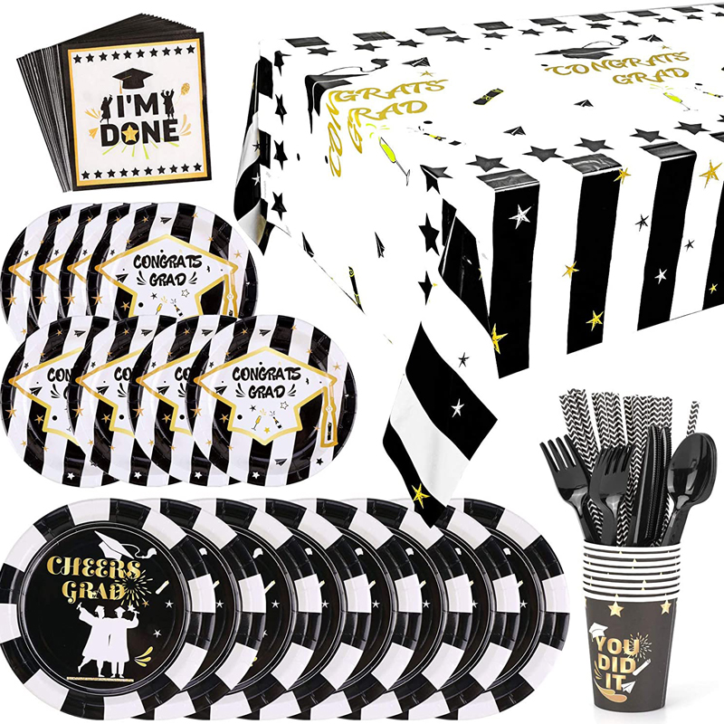 Black Gold Graduation Party Bundle Includes Plates Napkins Cups Cutlery Strawsv for Graduation Party, China Graduation Party Bundle, Party Supplies wholesale