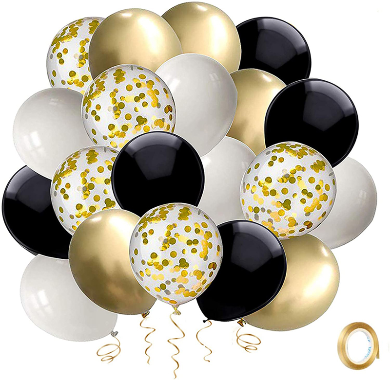 Black and Gold Confetti Balloons Latex Party Balloon Set with Gold Ribbon for Party Decorations