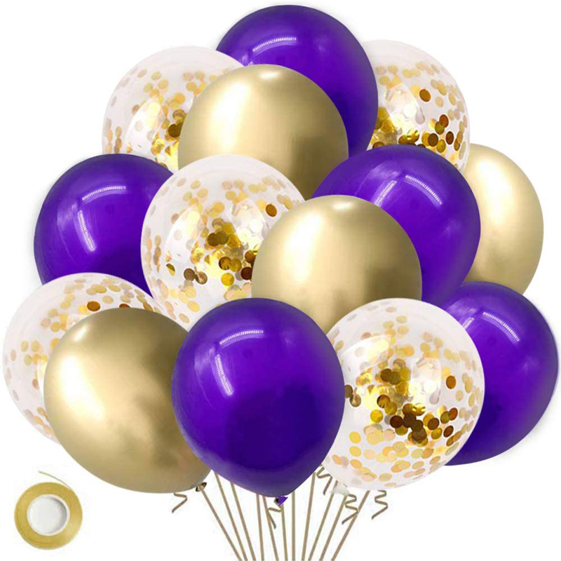 Purple Gold Confetti Latex Balloons 50pcs 12 inch Dark Purple and Gold Metallic Chrome Party Balloons