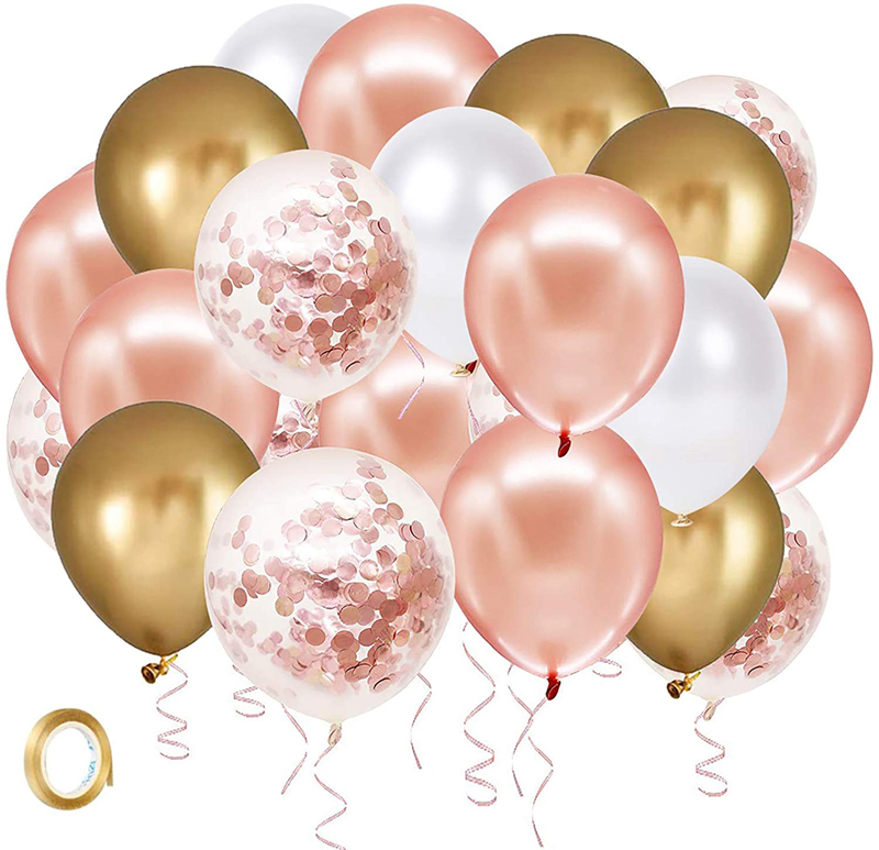 Wedding Bridal Shower Decorations Rose Gold Confetti Latex Balloons with Gold Ribbon for Parties 