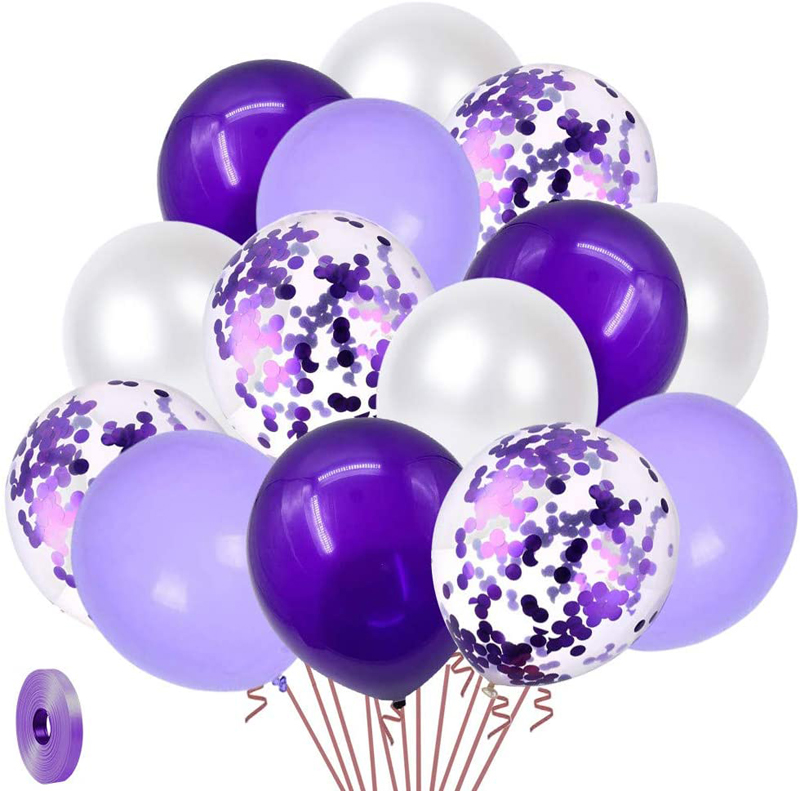 Latex Balloons White Purple Confetti Helium Birthday Party Balloon with Purple Ribbons, China Latex Balloons, Girls Birthday Decorations wholesale