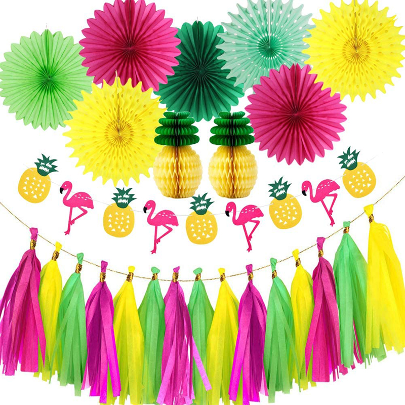 Summer Party Decoration Hanging Paper Fans Pineapple Flamingo Flower Banner Tassel Garlands