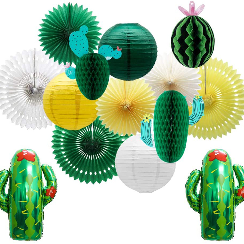 Summer Honeycomb Cactus Watermelon Party Decorations Tropical Cactus Foil Balloons Paper Fans Summer Decorations, Hanging Paper Fans wholesale