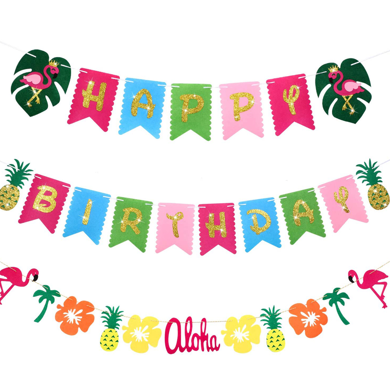 Luau Birthday Banner Hawaiian Party Decoration Tropical Birthday Party Banner Bunting Flamingo