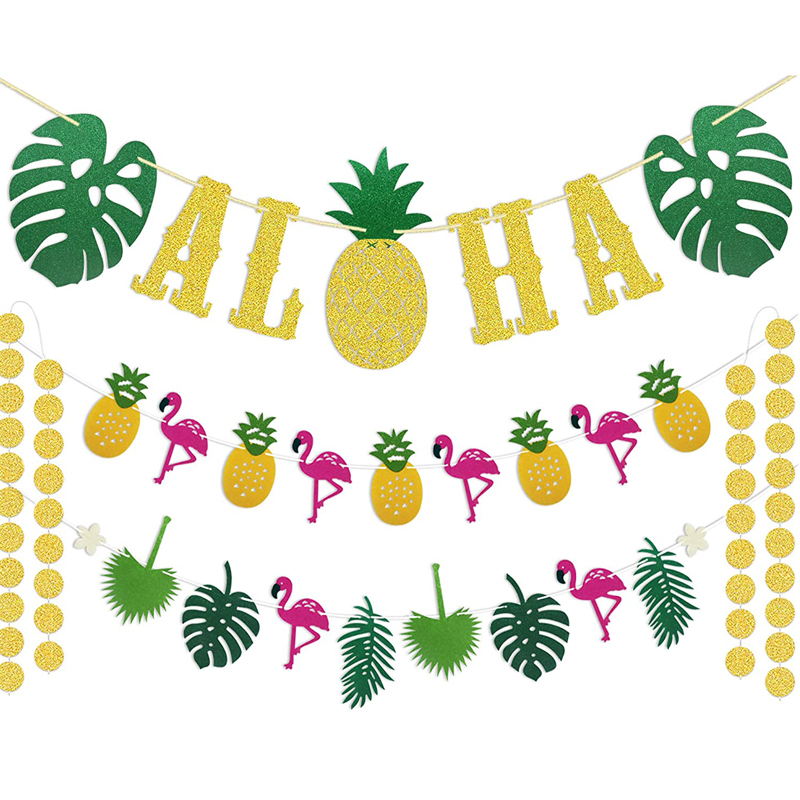 Hawaiian Aloha Party Decorations Gold Glittery Aloha Banner and Flamingle Pineapple Garland