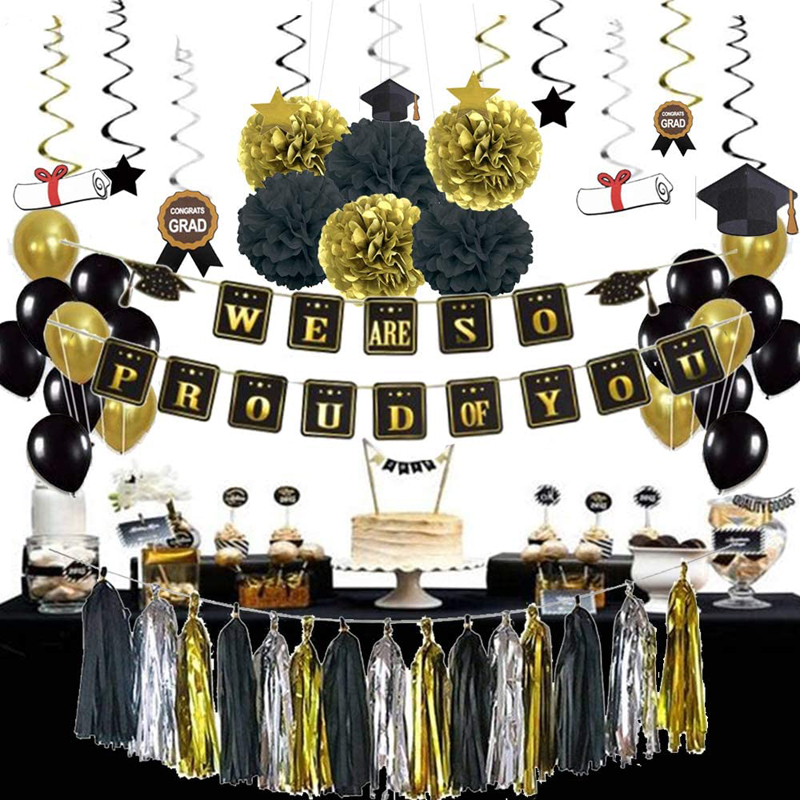 Graduation Party Supplies Decorations Kit Gold Tissue Paper Pom Poms Sparkling Hanging Swirls