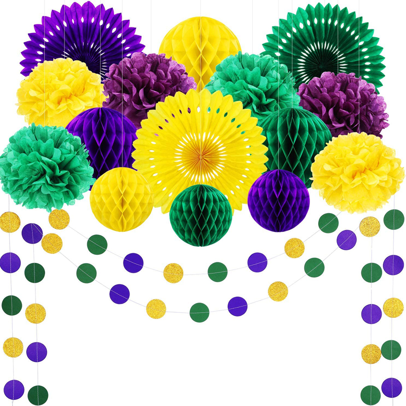 Hanging Paper Fans Banner Garland Mardi Gras Theme Gold Purple Green Party Decoration Kit, China Mardi Gras Decoration, Tissue Paper Fans wholesale