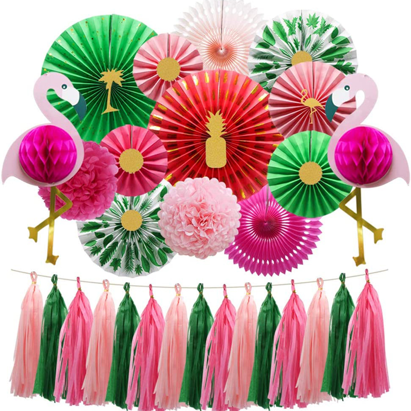 Tropical Flamingo Pink Honeycomb Balls Hanging Paper Fans Birthday Baby Shower Decorations