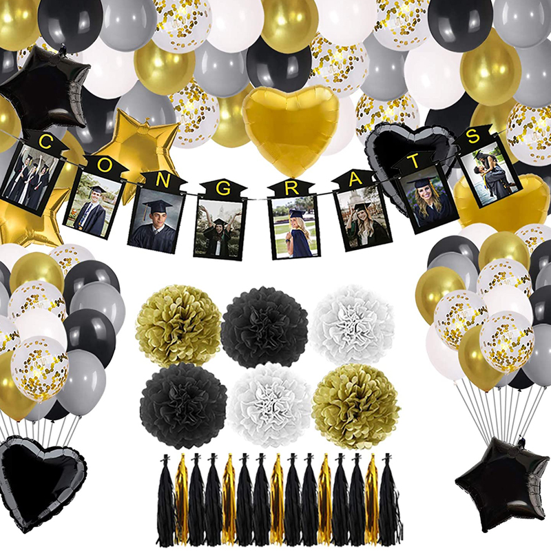 Graduation Party Decoration Supplies Black Gold Balloon Tassels Banner Congrats