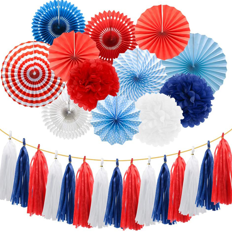 decoración de fiesta azul marino, rojo, blanco, abanicos de papel colgantes, decoración patrióticas del día del 4 de julio