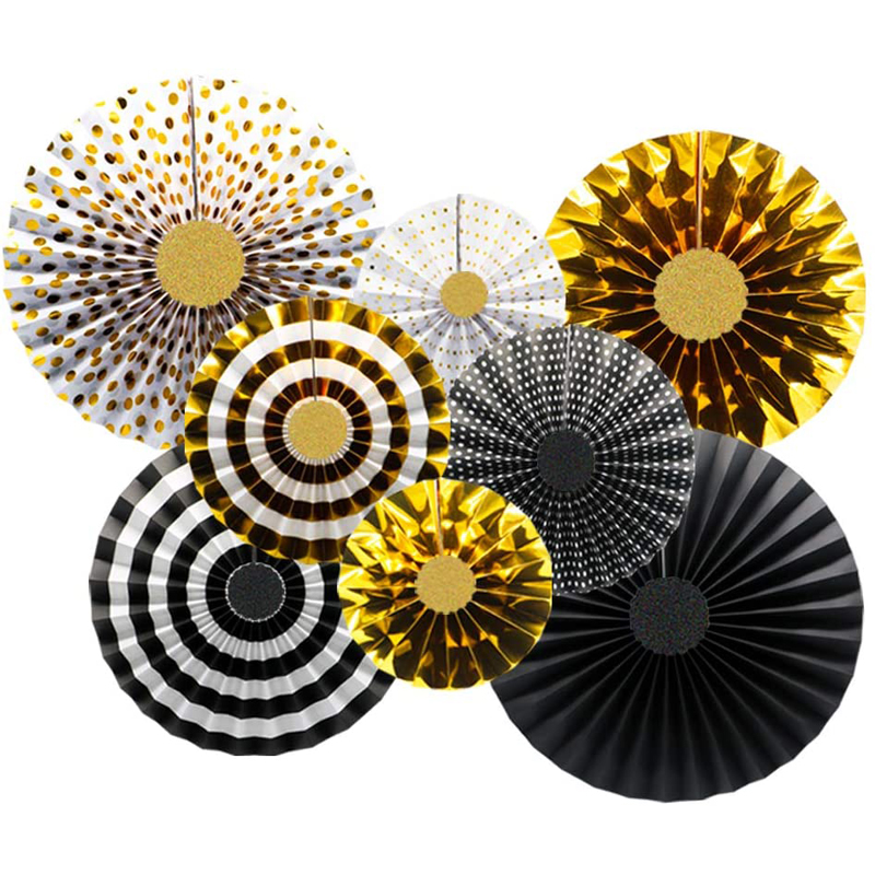 Hanging Paper Fans Wedding Decorations Party Ceiling Gold and Black Color Hanging Set