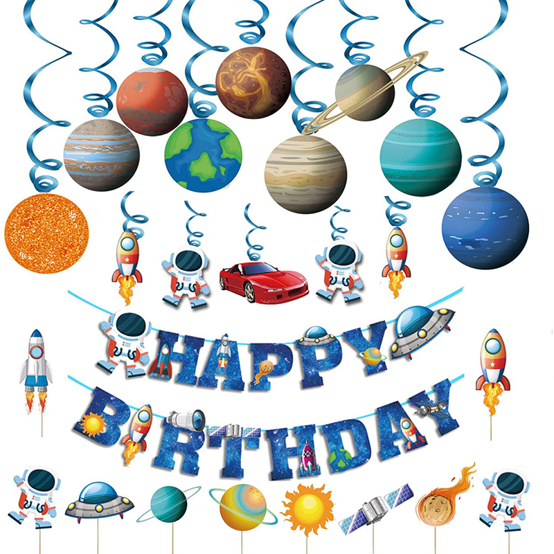 Kit de Artículos para fiesta de cumpleaños para niños, astronauta azul, tema de nave espacial