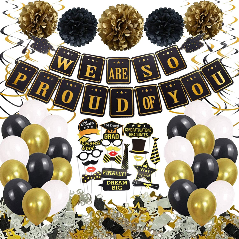 Black Gold Graduation Party Decoration Set Paper Pompoms Hanging Swirls Photo Booth Props