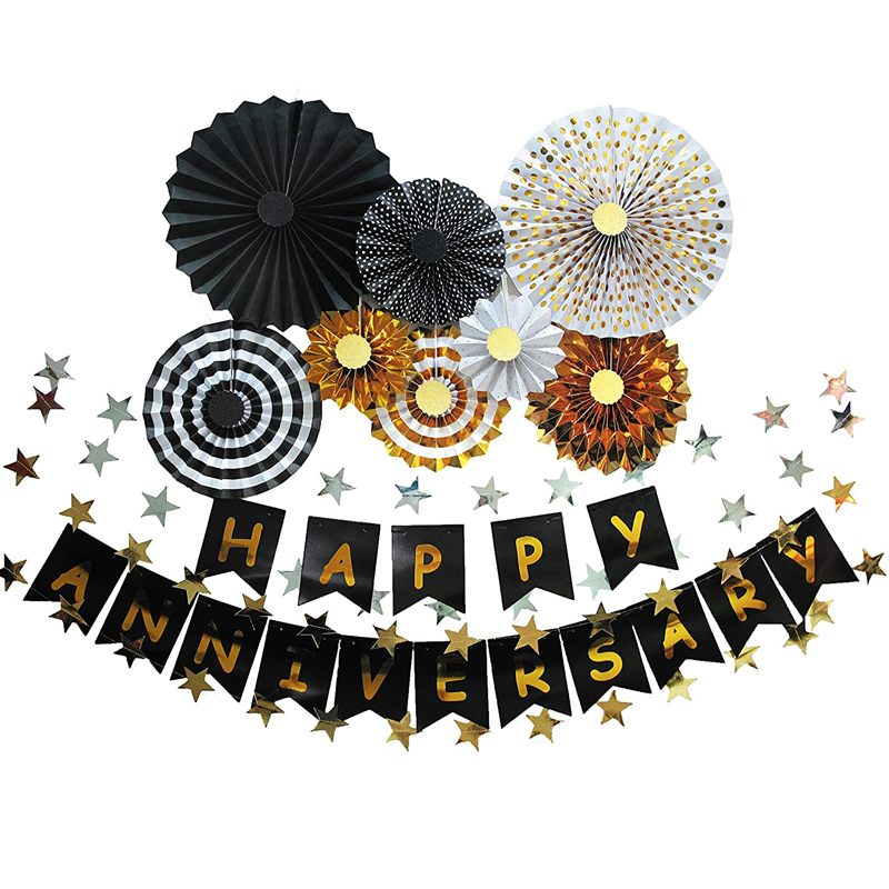 Hanging Paper Fans Decoration Banner Happy Anniversary Party Gold and Black Theme Party Set