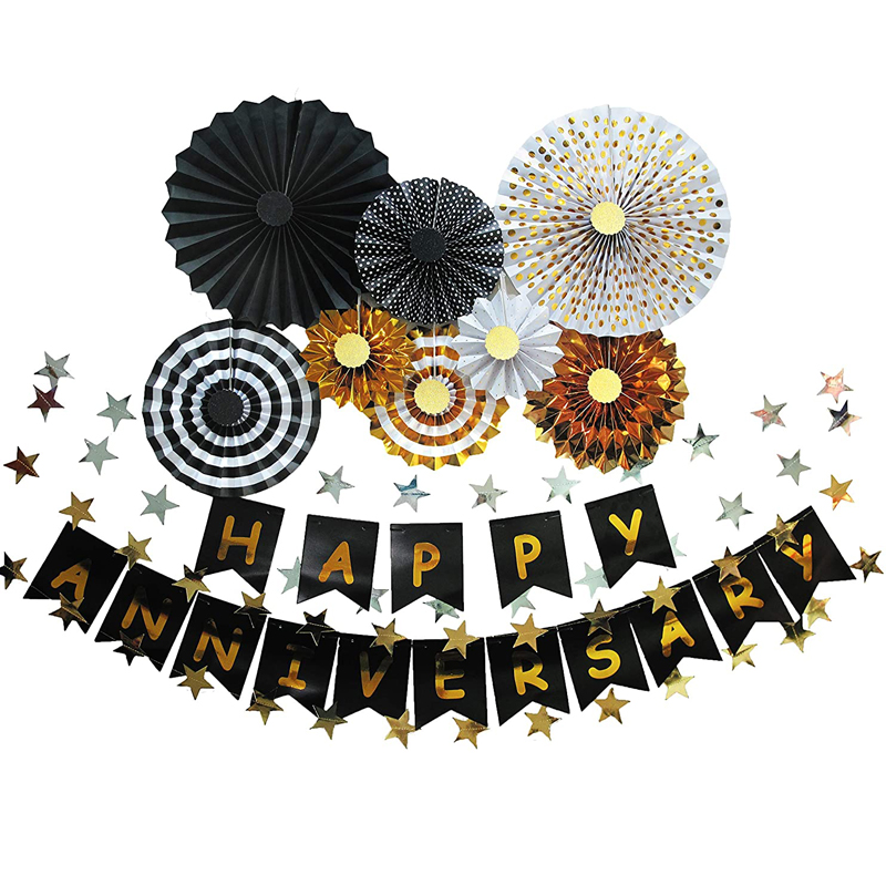 Hanging Paper Fans Decoration Banner Happy Anniversary Party Gold and Black Theme Party Set, China Happy Anniversary, Paper Fans Decoration wholesale