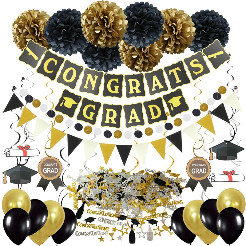 Black and Gold Congrats Graduation Party Decoration Supplies Grad Banner Paper Pompoms