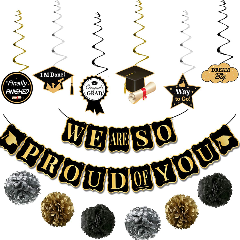 Graduation Party Supplies We are so Proud of You Banner Black Gold Pompoms Hanging Swirls