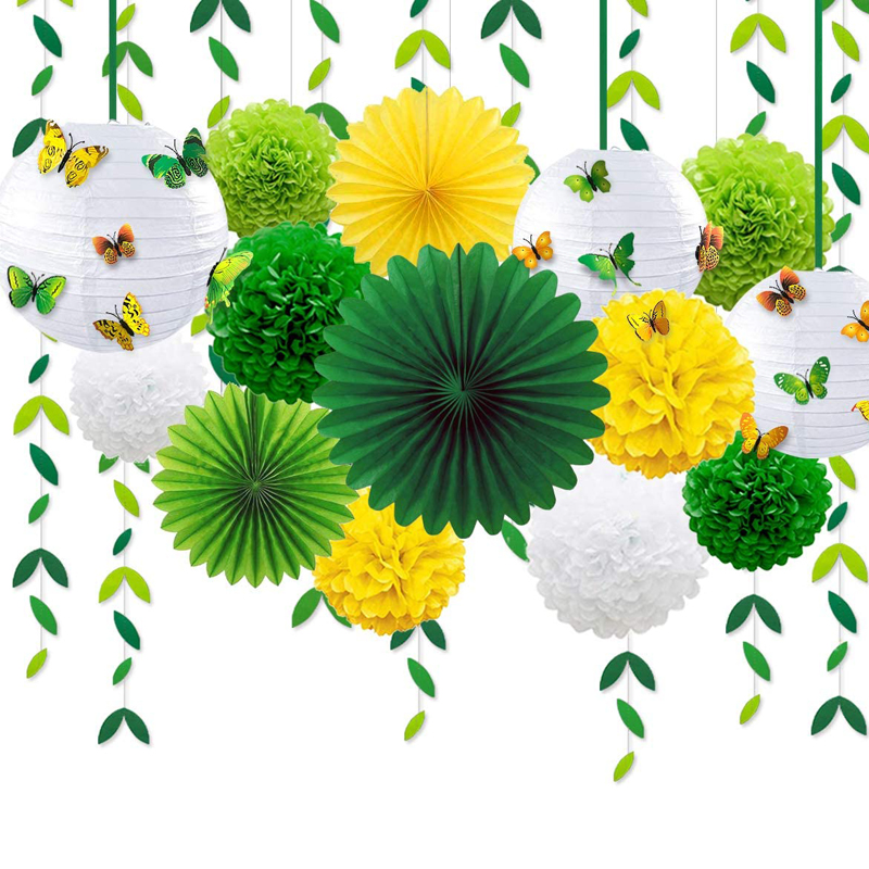Yellow Green Party Decoration Kit Hanging Paper Fans Lanterns Flowers Pom Pom with 3D Butterfly, China Party Decoration Kit, Hanghing Fans wholesale