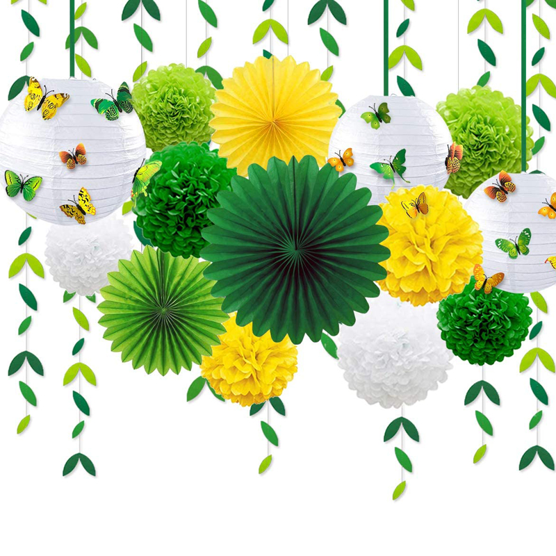 Yellow Green Party Decoration Kit Hanging Paper Fans Lanterns Flowers Pom Pom with 3D Butterfly Party Decoration Kit, Hanghing Fans wholesale