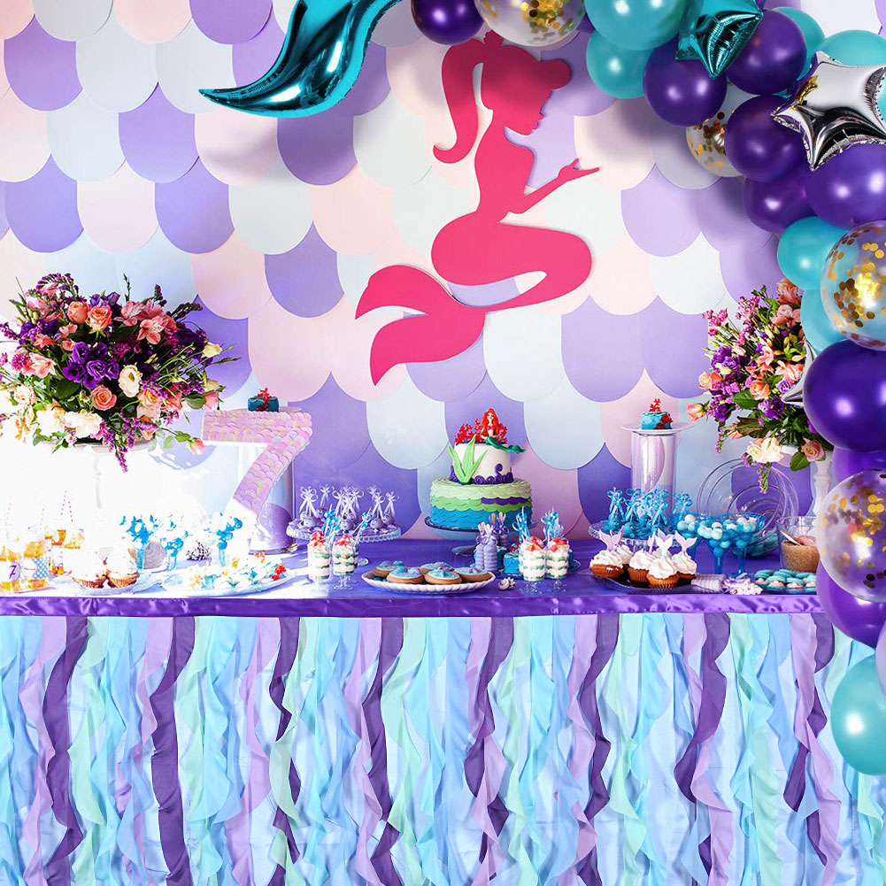 Mermaid Birthday Table Cover Purple Table Skirt for Birthday Party Decorations