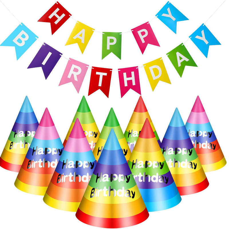 Sombreros de cono de fiesta de cumpleaños de arco iris con pancarta colorida de feliz cumpleaños para fiestas de cumpleaños de niños