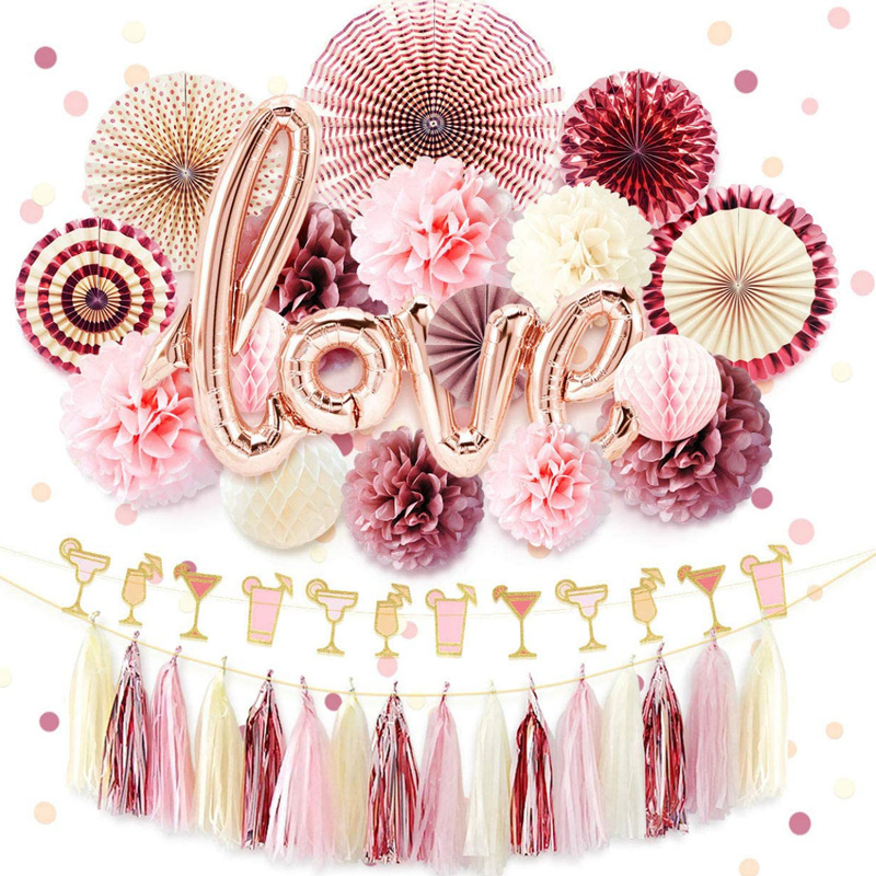 Rose Gold Bridal Shower Decorations Love Foil Balloon Banner Paper Fans Wedding Engagement, China Bridal Shower, Wedding wholesale