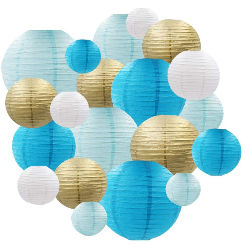 Linternas decorativas de papel para fiestas, 20 piezas, azul metálico, dorado, blanco, redondo