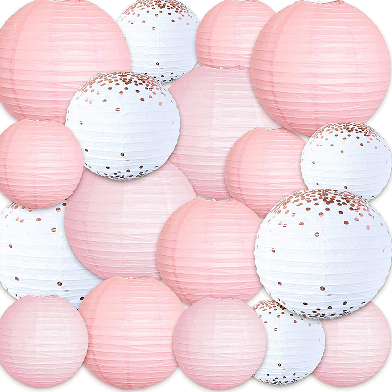 Linternas colgantes redondas blancas de papel de cobre rosa de 18 piezas, decoración de lámina de cobre de oro rosa