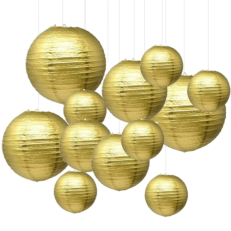 Round Gold Color Paper Lanterns 12inch 10inch 8inch 6inch Size for Party Decorations