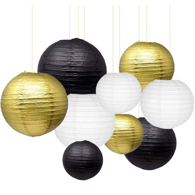 18PCS Black Gold Tissue Paper Pom Pom,black Gold Paper Lantern,black Gold  Party Supply Decorations for the Bridal Baby Shower,birthday Party 