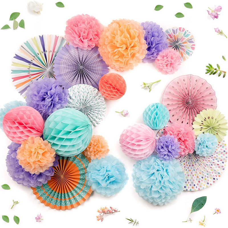 Assorted Paper Fans Pom poms Birthday Party Baby Shower Wedding Events Decor Honeycomb balls