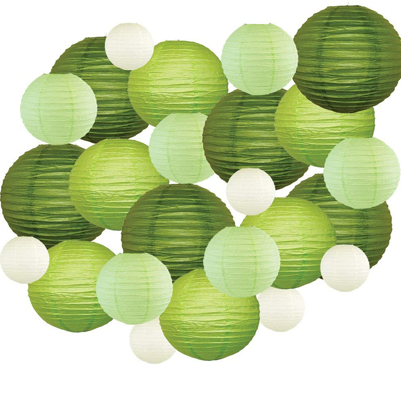 Decorative Round Light Green Paper Lanterns 24pcs Assorted Sizes and Colors