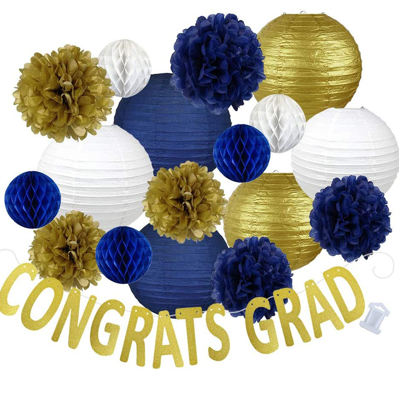 30pcs Hanging Paper Lanterns Decorations Kit for Graduations Gold Blue