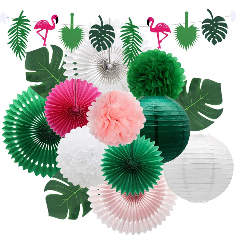 Tropical Flamingo Palm Leaves Paper Lanterns Pom Poms Flowers Birthday Party Decorations Tropical Flamingo Theme, Paper Lanterns wholesale