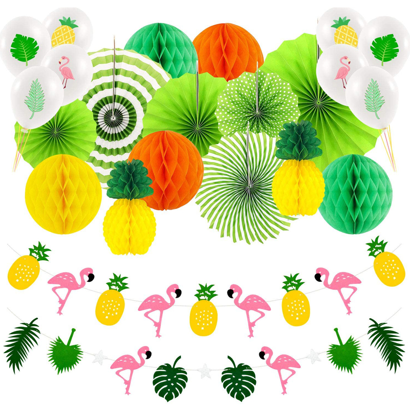 Hawaiian Beach Summer Party Decorations Set Pineapple and Flamingo Flower Honeycomb Balls