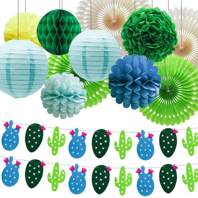 Summer Theme Cactus Banner Garland Pom Poms Paper Honeycomb Flowers Paper Lanterns, China Summer Party, Paper Lanterns Kit wholesale