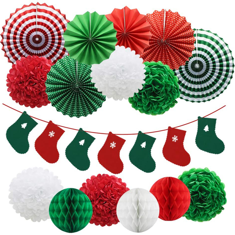 Christmas Decorations Hanging Paper Fans Socks Banner Pom Poms Flowers Paper Honeycomb Balls